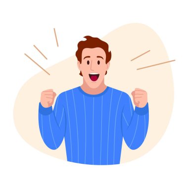 Beyaz arka planda izole edilmiş mutlu bir adamla vektör çizimi. Çizgi film sahnesinde gülümseyen, neşeli bir adam elleriyle hareket ediyor, yumruklarını kaldırıyor. Adam olumlu duygular gösteriyor..