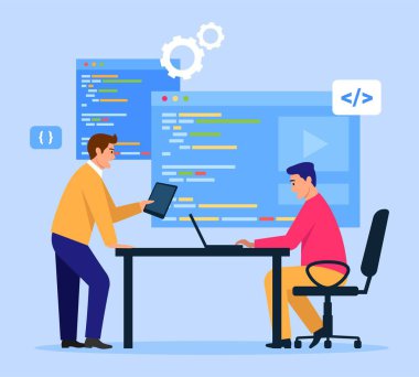 Program oluşturulmasını tartışan programcıların vektör illüstrasyonu. Programcılardan oluşan bir dizüstü bilgisayarla masada oturan adamların çizgi film sahnesi yazılım oluşturuyor..