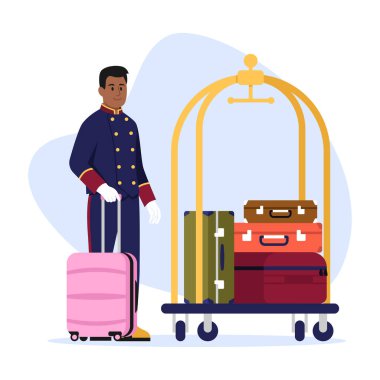 Kapıcının vektör çizimi. Çizgi film sahnesinde gülümseyen koyu tenli üniformalı bir hamal beyaz arka planda çeşitli bavulları olan bir tramvay ile izole edilmiş. Otel servisi. Belboy..