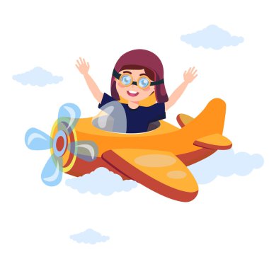 Gökyüzünde bulutların arasında helikopterle uçan sevimli bir çocuğun vektör çizimi. Beyaz arka planda izole edilmiş bir helikopterden elini sallayan gülümseyen bir çocuğun olduğu bir çizgi film sahnesi..