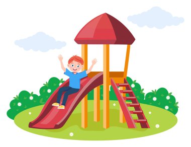 Tepeden inen sevimli bir çocuğun vektör çizimi. Bir çizgi film sahnesinde gülümseyen bir çocuk oyun parkında çalılar ve bulutlarla birlikte beyaz arka planda izole edilmiş bir tepeden aşağı iniyor..