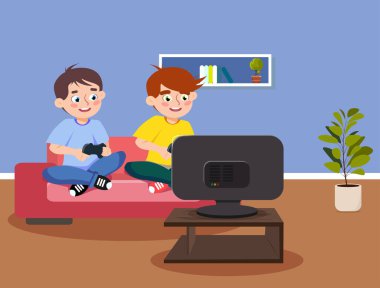 Konsolda oynayan yakışıklı erkeklerin vektör çizimi. Çizgi film sahnesi, ellerinde joysticklerle kanepede oturan ve oyun oynayan güler yüzlü adamlar..