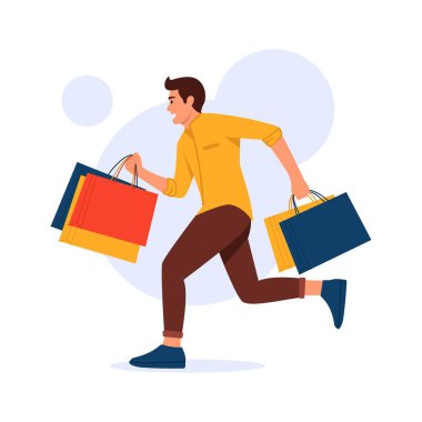 Beyaz bir arka planda izole edilmiş alışveriş yapan bir çocuğun vektör çizimi. Renkli alışveriş torbalarıyla koşan yakışıklı bir adamın olduğu çizgi film sahnesi. Çeşitli alışverişleri olan bir adam..