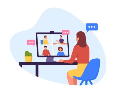 İnternetteki bir konferansta oturan bir kızın vektör çizimi. Bilgisayarlı ve saksılı bir masada oturan bir kızın olduğu karikatür sahnesi, beyaz bir arkaplanda online bir buluşmayla bağlantılı..