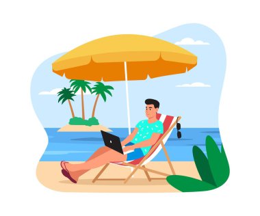 Dinlenen bir adamın vektör çizimi. Yakışıklı bir adamın denizde dinlendiği, güneş şemsiyesinin altında uzandığı ve beyaz arka planda izole edilmiş bir dizüstü bilgisayara baktığı karikatür sahnesi..