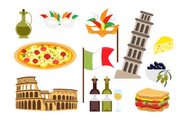 İtalya 'da karikatür tarzında ekipmanlar. Zeytinyağı, pizza, kırmızı ve beyaz şarap, karnaval maskeleri, İtalyan bayrağı, sandviç, kolezyum, meyilli kule, peynir, zeytin.