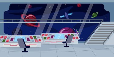 Modern uzay istasyonunun iç kısmının vektör çizimi. Geniş bir komut paneli, koltuklar, uzay ve gezegenleri görmek için bir platform..