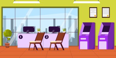 Modern iç bankanın vektör çizimi. Resepsiyon, bilgisayar, ATM 'ler, şehre erişimi olan pencereler..