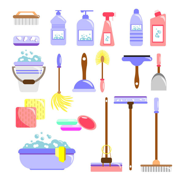 Набор красочных инструментов для уборки дома в мультяшном стиле. Векторная иллюстрация швабр, губок, кистей, вертолетов, моющих средств и мыла на белом фоне.