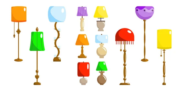 Набор Красочных Ламп Мультяшном Стиле Векторная Иллюстрация Дизайнерских Настольных Ламп — стоковый вектор