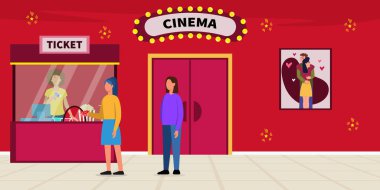 Posteri ve yazar kasası olan güzel bir sinema lobisinin vektör çizimi. Çizgi filmdeki kadınlar kasadan bilet almak için sırada bekliyorlar..