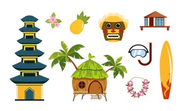 Tayland ekipmanları beyaza izole edilmiş. Budist pagoda 'nın vektör çizimi, nilüfer çiçekleri, ananas, maske, ada evi, bungalov, çiçek kolyesi, sörf tahtası, çizgi film tarzında dalış maskesi.