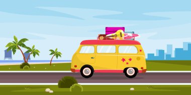 Güzel bir yaz manzarasının vektör çizimi. Yollu bir karikatür, bavullu bir araba, gitar, sörf tahtası, yazılı tabelalar, Maldivler ve Bali, palmiye ağaçları..