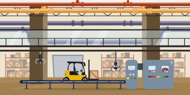 Otomatik taşıma hattı beyaz zemin üzerinde izole edilmiş fabrika deposunun iç kısmının vektör çizimi. Kutuları, boruları ve rafları olan çizgi film otomatik üretim taşıyıcısı.