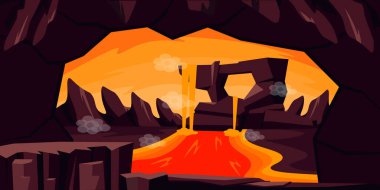 Erimiş lavlı güzel bir mağaranın vektör çizimi. Bir dağ mağarası, turuncu gökyüzü, erimiş volkanik lav, buhar havuzları, kayalar, uçurumlar gibi parlak fantastik manzaralı karikatür sahnesi..