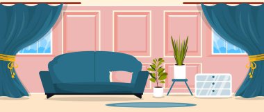 Zarif bir iç mekanı olan güzel bir oturma odasının vektör çizimi. Kanepesi, yumuşak yastıkları, komodini, çeşitli vazoları, perdeleri, pencereleri, halısı olan kornişleri olan bir çizgi film odası..