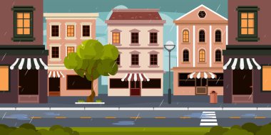 Güzel yağmurlu bir şehir manzarasının vektör çizimi. Yağmurlu bir şehrin karikatür sahnesi. Zemin katında dükkanları, pencerelerinde ışıkları, ağaçları, sokak lambaları olan, su birikintisi olan rahat modern evler..