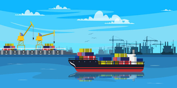 Vector illustration of a beautiful landscape with a cargo ship in a seaport. Cartoon seascape scene with cargo ship with silhouettes of lifting cranes, unloaded cargo, blue sky, clouds and birds.