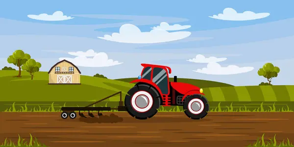 Tarımsal çiftliği ve traktörü olan güzel bir manzaranın vektör çizimi. Bir tarlası olan karikatür yaz manzarası, ahırı, ağaçları, çalıları ve toprağı süren bir traktör olan bir çiftlik..