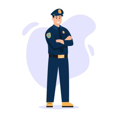 Yakışıklı bir polisin vektör çizimi. Çizgi film sahnesi. Beyaz arka planda kollarını kavuşturmuş üniformalı, gülümseyen bir polis memuru. Trafik polisi..