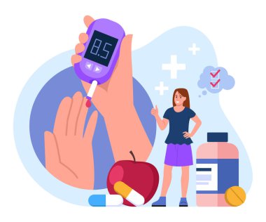 Vector illustration of a glucometer. A cartoon scene with a girl, a diabetes test, an apple and medicine isolated on a white background. Checking glucose with a glucometer, determining hypoglycemia. clipart