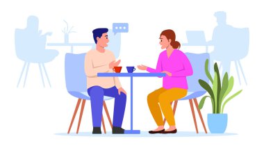 Bir erkekle bir kızın konuştuğu vektör çizimi. Bir adamla bir kızın bir restoranda masada oturup kahve içtiği ve beyaz arka planda izole bir şekilde konuştuğu bir çizgi film sahnesi..