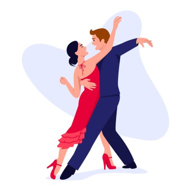 Tango dansçılarının vektör çizimi. Tango dansçılarının olduğu bir çizgi film sahnesi, topuklu giyen kırmızı elbiseli bir kız ve beyaz arka planda izole edilmiş şık takım elbiseli bir adam..