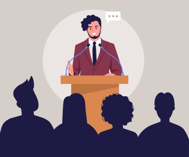 Vector illustration of the speaker from the podium. Cartoon scene with a speaker giving a speech from a lectern with microphones in front of an audience isolated on a white background. clipart