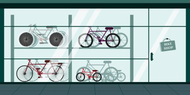 Modern bisiklet dükkanının vektör çizimi. Geniş ve çocuk bisikletleri için tezgahları olan karikatür şehir binaları.