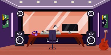 Modern iç mekan müzik stüdyosunun temsilcisi. Ses geçirmez oda, mikrofon, kulaklık, hoparlör, monitör, gitar.