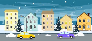 Karlı caddenin vektör çizimi. Çizgi film kışın Noel sokağı farklı evler, arabalar, köknar ağaçları, arka planda şehirli gece gökyüzü.