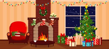 Modern iç noel odasının vektör çizimi. İçi oyuncaklar ve çelenklerle süslenmiş karikatür köknar ağacı ve şömine, hediye kutuları, Noel çelengi, çoraplar, yastıklar, koltuk.