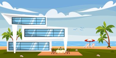 Vector illustration of a modern villa. Cartoon sea landscape with house by the sea, palm trees, table with wine, sun lounger with parasol. clipart