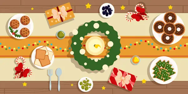 테이블 일러스트 토스트 촛불과 스타일에 크리스마스 화환에 도넛과 맛있는 크리스마스 — 스톡 벡터