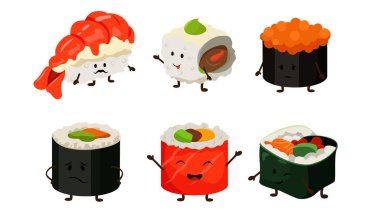 Çizgi film tarzında bir dizi şirin suşi karakteri. Farklı duyguları olan ve poz veren suşi karakterlerinin vektör çizimi: neşeli, oyuncu, üzgün, gülümseyen, göz kırpan beyaz arka planda izole edilmiş..