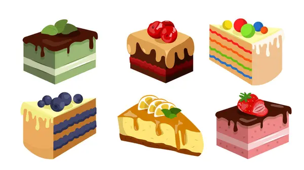 스타일의 맛있는 케이크 충전물과 열매와 케이크 조각의 일러스트 크랜베리 드레지 — 스톡 벡터