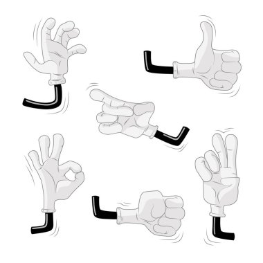 Çizgi film tarzında farklı el hareketleri. El sallama, baş parmak yukarı, süper işaret, tamam işareti, yumruk, zafer jesti beyaz arka planda izole.