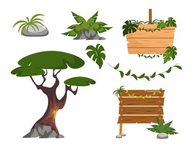 Ahşap tabaklar, çizgi film tarzında işaretler. Yeşillik, sarmaşıklar, tropik yapraklar, ağaçlar, beyaz arka planda izole edilmiş taşlar gibi güzel işaretlerin vektör çizimi.