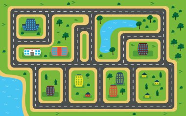 Güzel bir üst manzara yol haritasının vektör çizimi. Farklı renkte evler, ağaçlar, Noel ağaçları, yeşil çalılar, mavi göller ve yollar olan çocuk yol haritası. Yol labirenti.