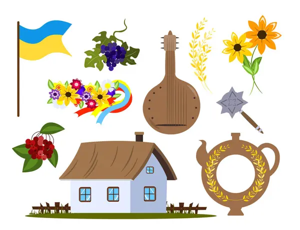 stock vector Set of symbols of Ukrainian culture in a cartoon style. Vector illustration of Ukrainian symbols: blue and yellow flag, bread, wreath with ribbons, bandura, mace, ears of corn, plate with borscht.