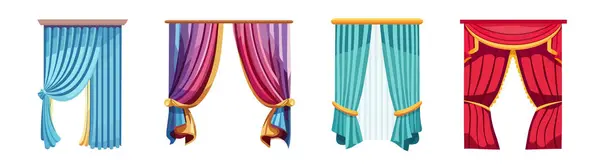 漫画スタイルの美しい色のカーテンセット さまざまな形状のウィンドウカーテンのベクトルイラスト ピンク ターコイズ 赤は白い背景で隔離されています ラムレキンのカーテン — ストックベクタ