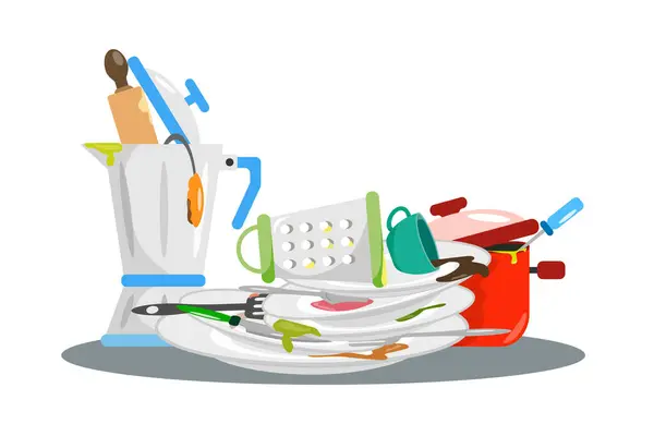 Εικονογράφηση Διάνυσμα Των Διαφόρων Βρώμικα Πιάτα Σκηνή Κινουμένων Σχεδίων Βρώμικα — Διανυσματικό Αρχείο