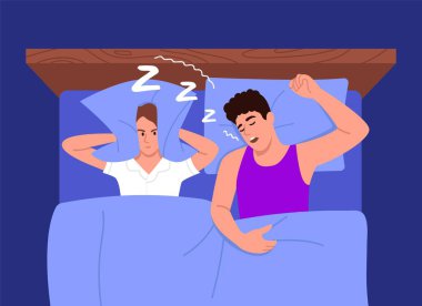 Horlayan bir adamın vektör çizimi. Bir adamla bir kadının yatakta uyuduğu, kız arkadaşlarını rahatsız ettiği karikatür sahnesi. Bir kadın kocasının horlamasından kalma yastıkla kulaklarını kapatıyor..