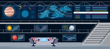 Bir uzay gemisinin içinde vektör çizimi. Grafikleri, araştırmaları, ölçümleri, güneş sisteminin gezegenlerini, ekipmanlarını gösteren çeşitli ekranların olduğu bir uzay gemisinin karikatür sahnesi. .