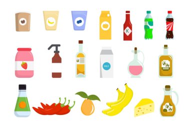 Çizgi film tarzında dükkan ürünleri. Market, süpermarket, yoğurt, meyve suyu, karbonatlı içecek, süt, reçel, sos, ketçap, zeytinyağı gibi çeşitli ürünlerin vektör çizimi.