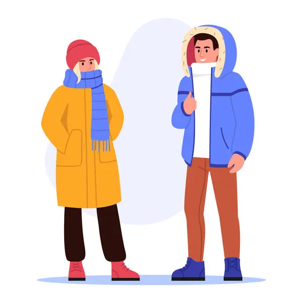 暖かい服を着た男の子と女の子のベクトルイラスト 笑顔の男の子と女の子の漫画シーン コート ジャケット スカーフ ホワイトバックで隔離された暖かい靴 — ストックベクタ