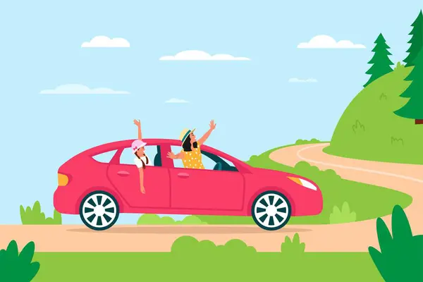Vektorillustration Einer Autofahrt Karikatur Von Glücklichen Mädchen Die Ein Rotes — Stockvektor