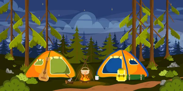 テント付きの夜景のベクトルイラスト ツーリストテント付き漫画シーン カルドロン付きのボンファイア バックパック ブッシュ クリスマスツリー 松の木 石や星 — ストックベクタ