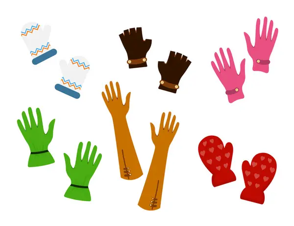 漫画スタイルの手袋のキュートなペアのセット 子供と大人のためのさまざまなデザインとタイプの着色された美しい手袋のベクトルイラスト 装飾と長く軽減された手袋 ハート — ストックベクタ