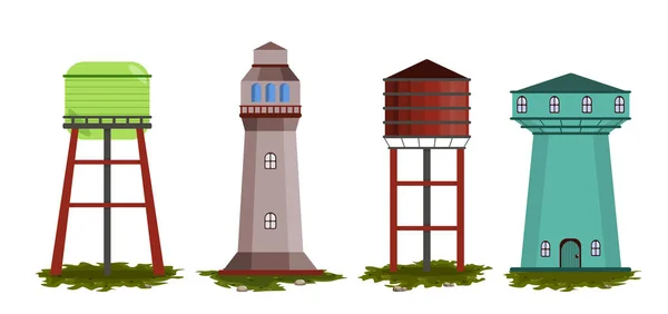 Set Von Farbigen Wassertürmen Cartoon Stil Vektor Illustration Von Hohen — Stockvektor